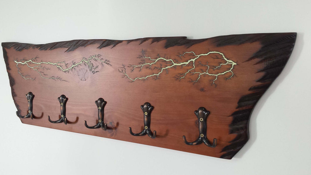 Unique handcrafted coat rack with glow in the dark fractal lightnings